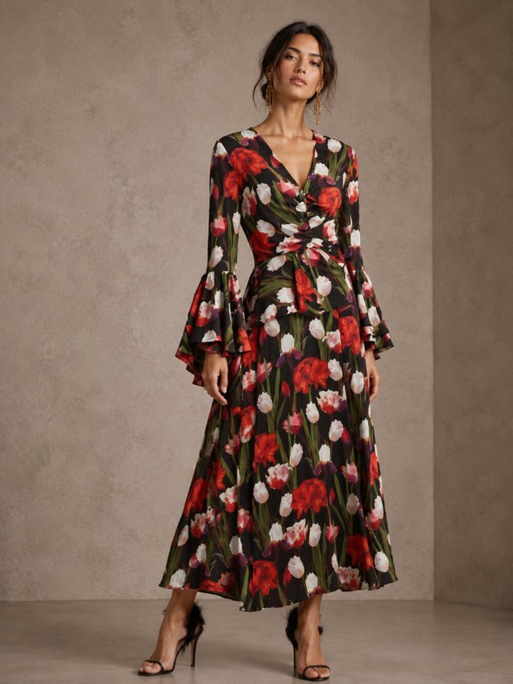 BORGO DE NOR Serafina Floral Hammered 100% Silk Midi Dress‎ NEW NWT